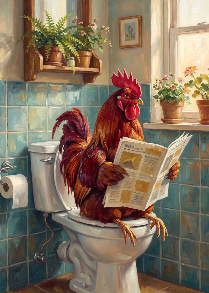 Rooster Reading Newspaper on Toilet
