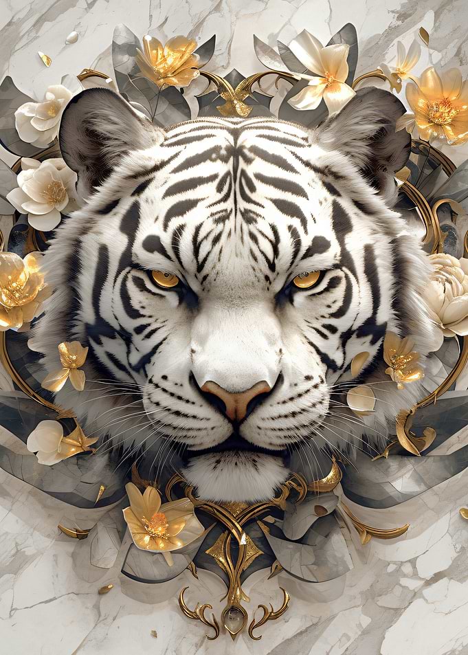 White Tiger with Golden Floral Accents