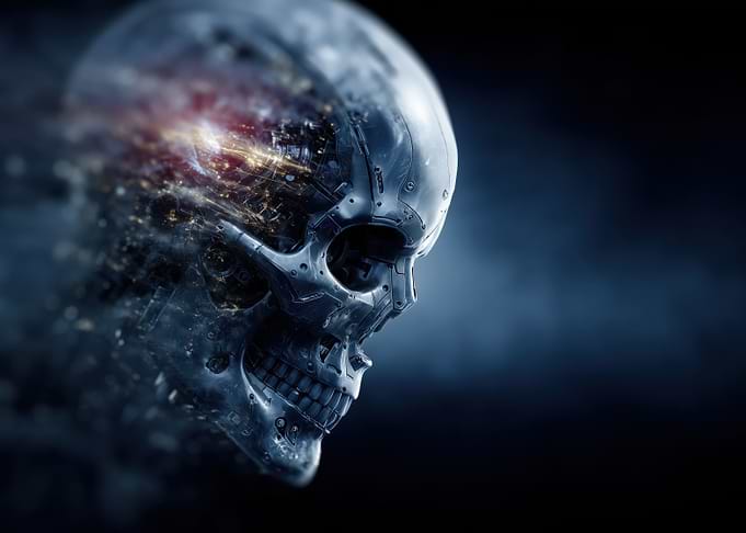 Cybernetic Skull with Cityscape Interior
