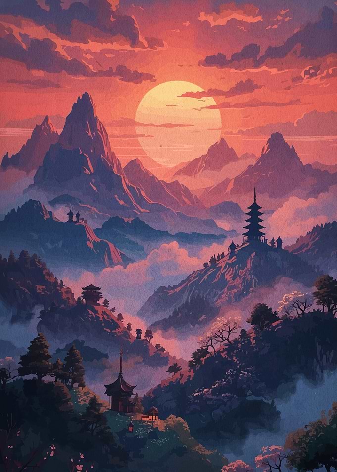 Japanese Mountain Sunset Landscape Art