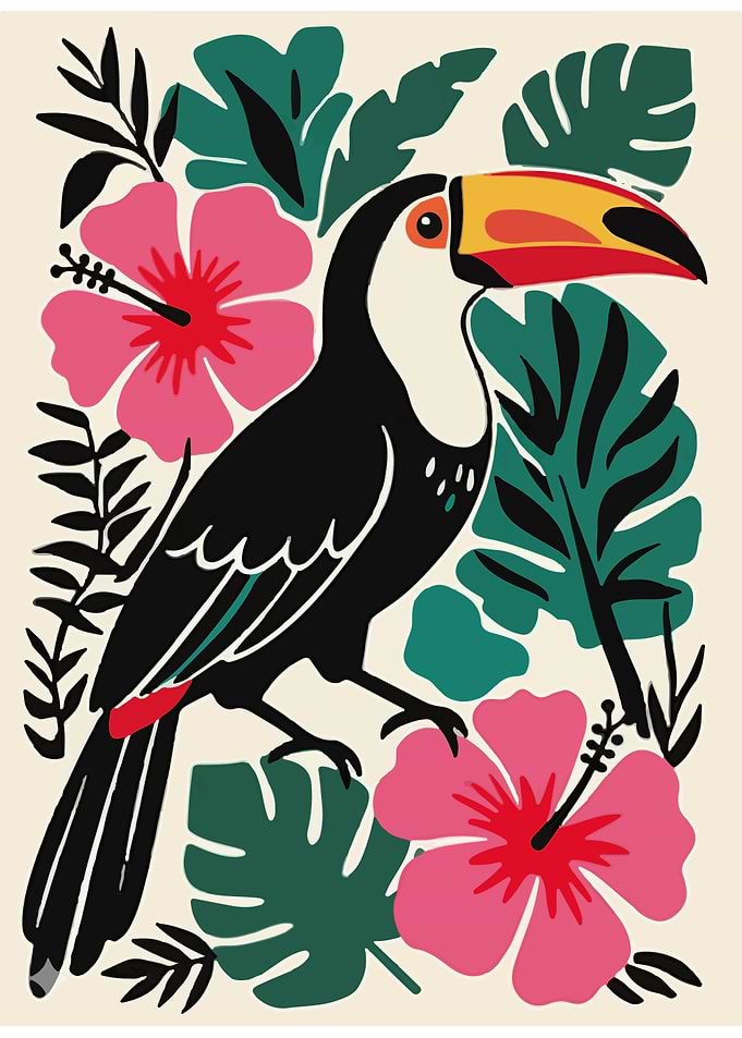 Toucan with Hibiscus Flowers Illustration