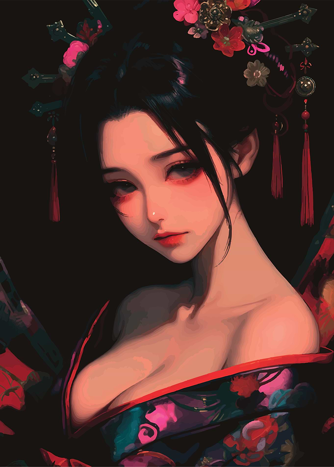 Geisha Portrait with Floral Hair Ornaments