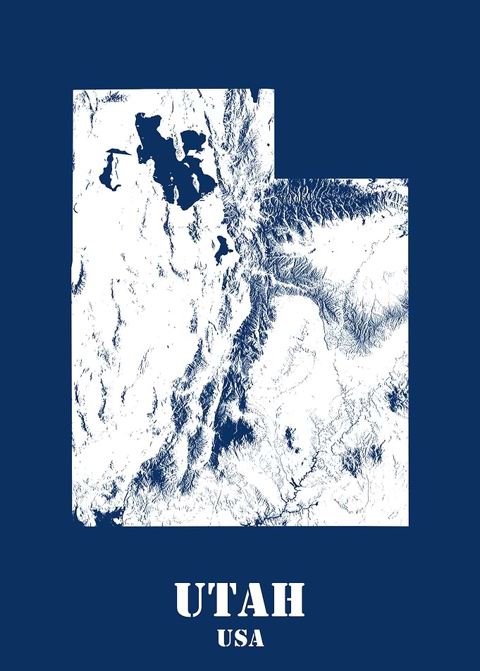 Utah USA State Minimalist White Topographic Contour Relief Map featuring terrain on navy blue background