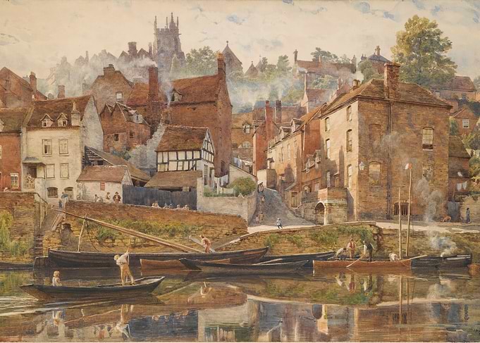 Vintage Townscape with River and Boats