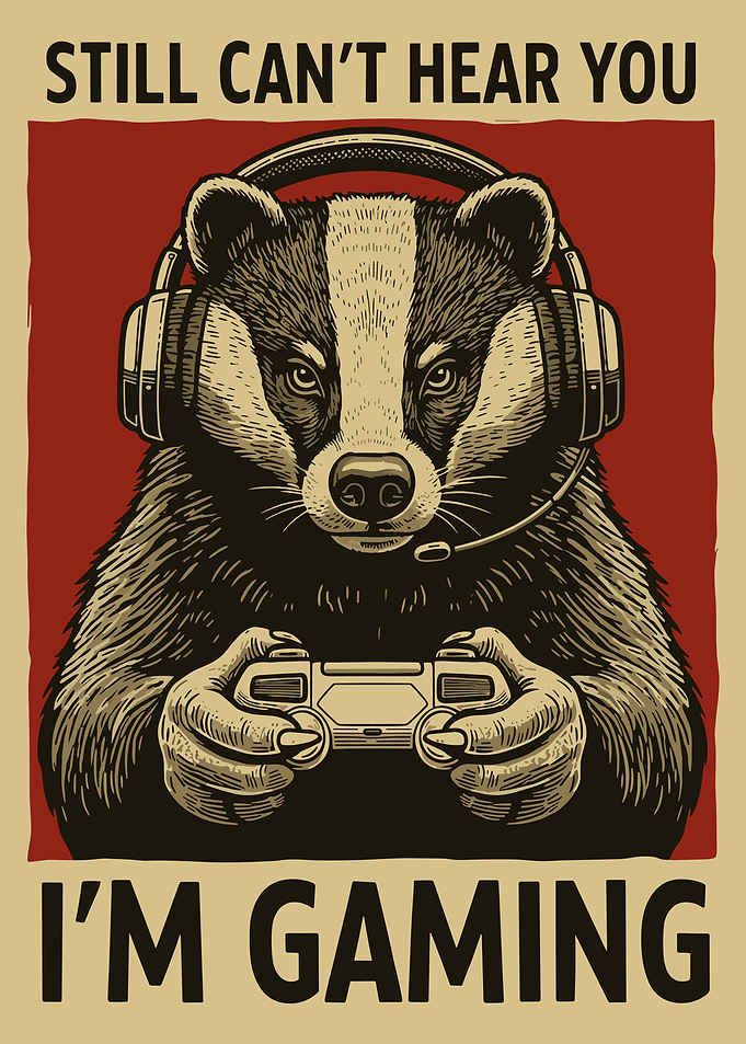 Still Can't Hear You I'm Gaming Poster, Badger Gamer Art, Red Wall Print for Gamers