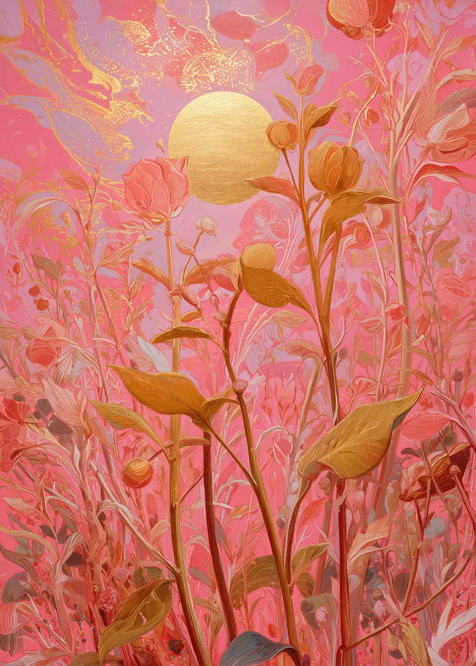 Pink Floral Landscape with Golden Sun