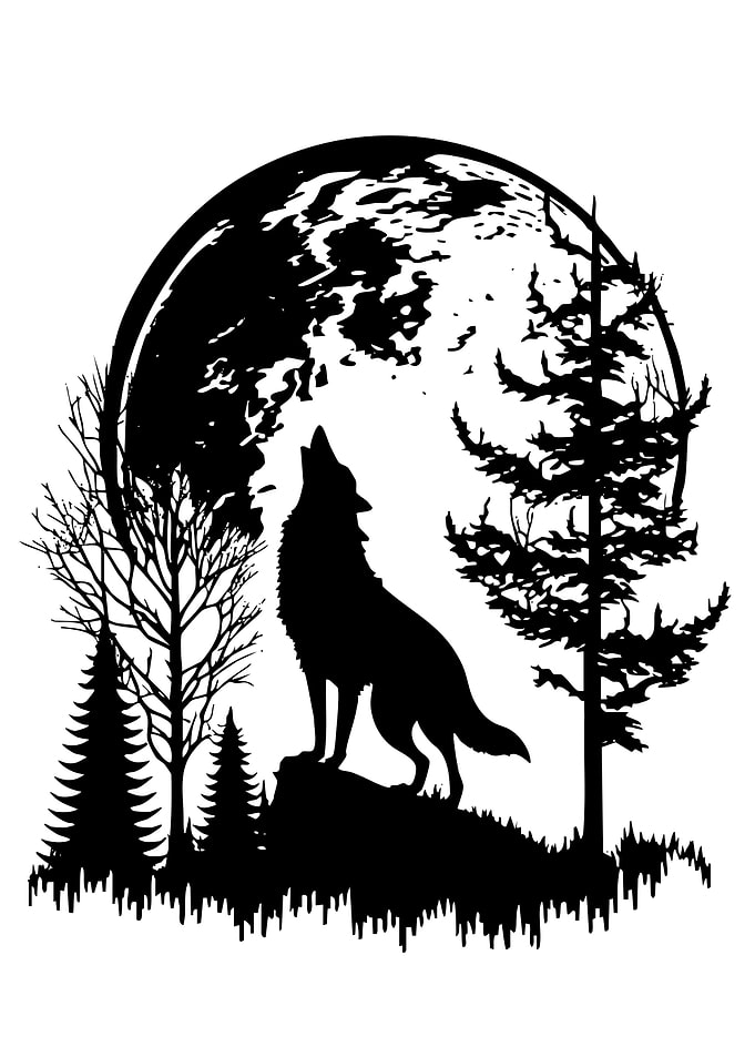 Wolf Howling at the Moon Silhouette