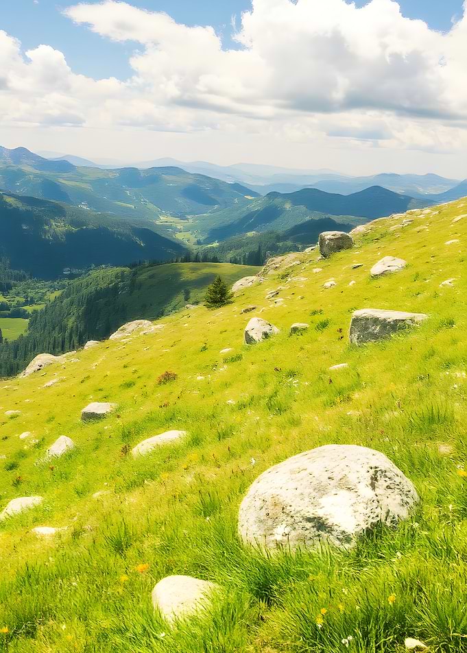Mountain Meadow with Rocks and Sky