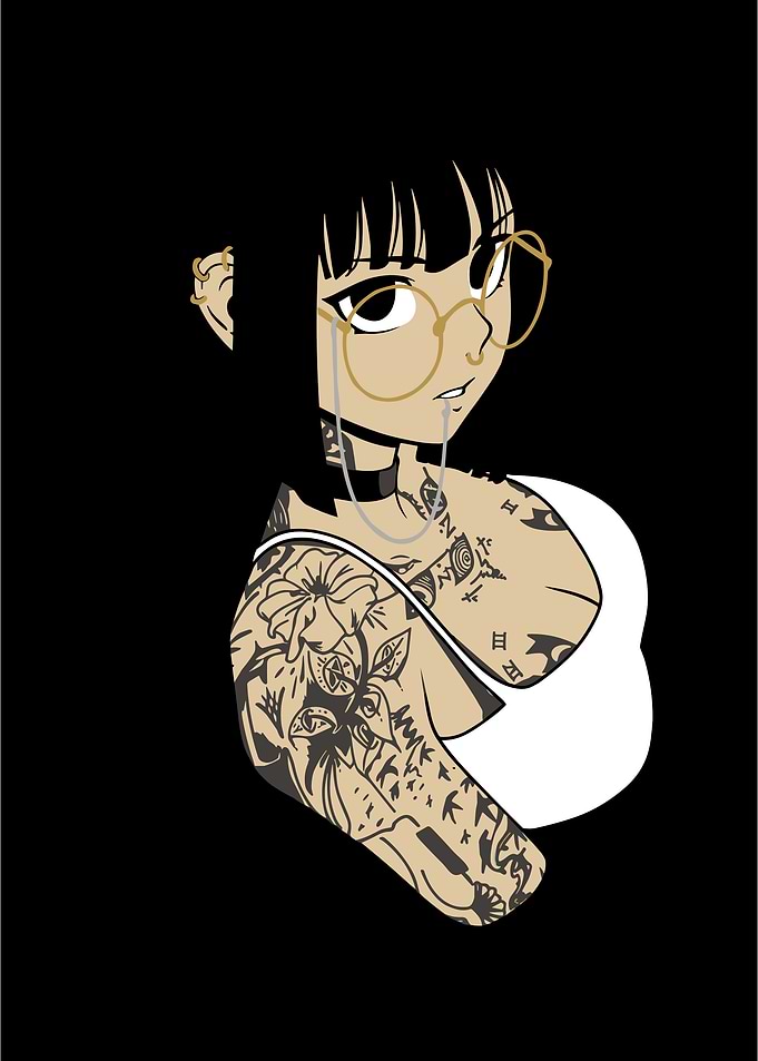 Tattooed Anime Girl with Glasses
