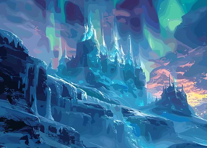 Ice Castle Landscape with Aurora Borealis