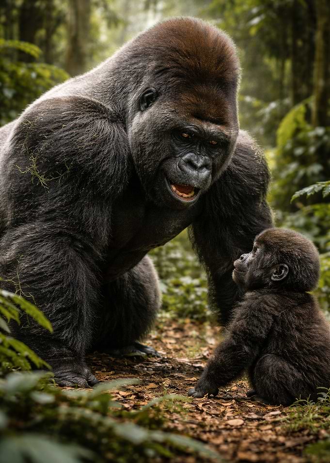 Gorilla Mother and Baby in Jungle
