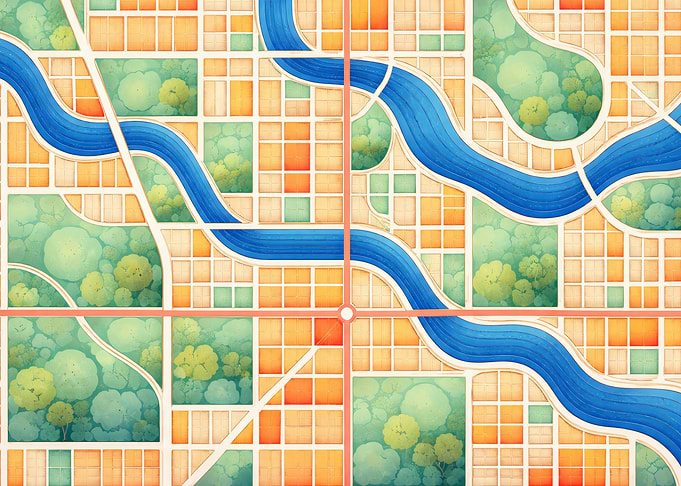 City Map with River and Parks