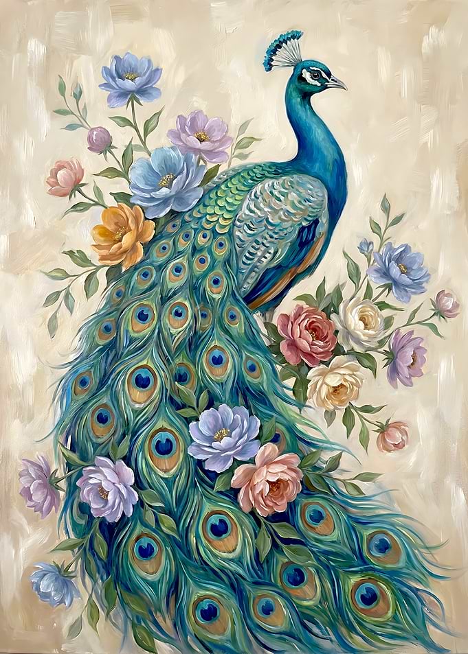 Peacock and Flowers Painting
