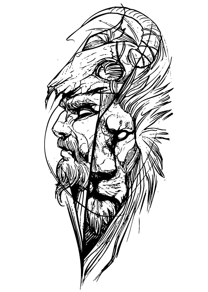 Man, Lion, and Skull Ink Drawing
