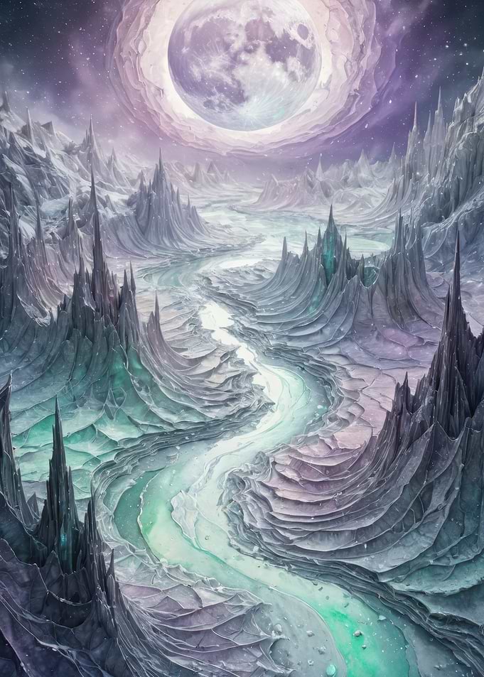 Lunar Ice River — Surreal Frozen Valley with Crystal Spires
