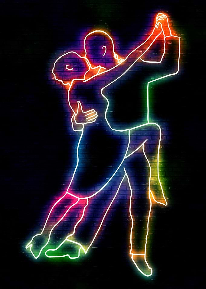 Neon Tango Dancers on Brick Wall