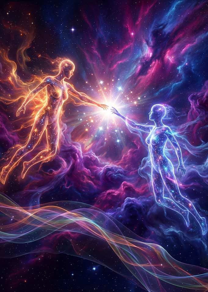 Cosmic Connection: Two Figures Reaching