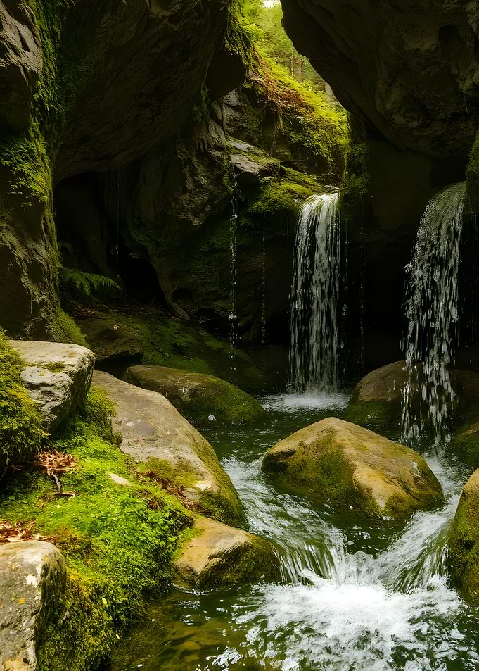 Mossy Waterfall in a Rocky Grotto