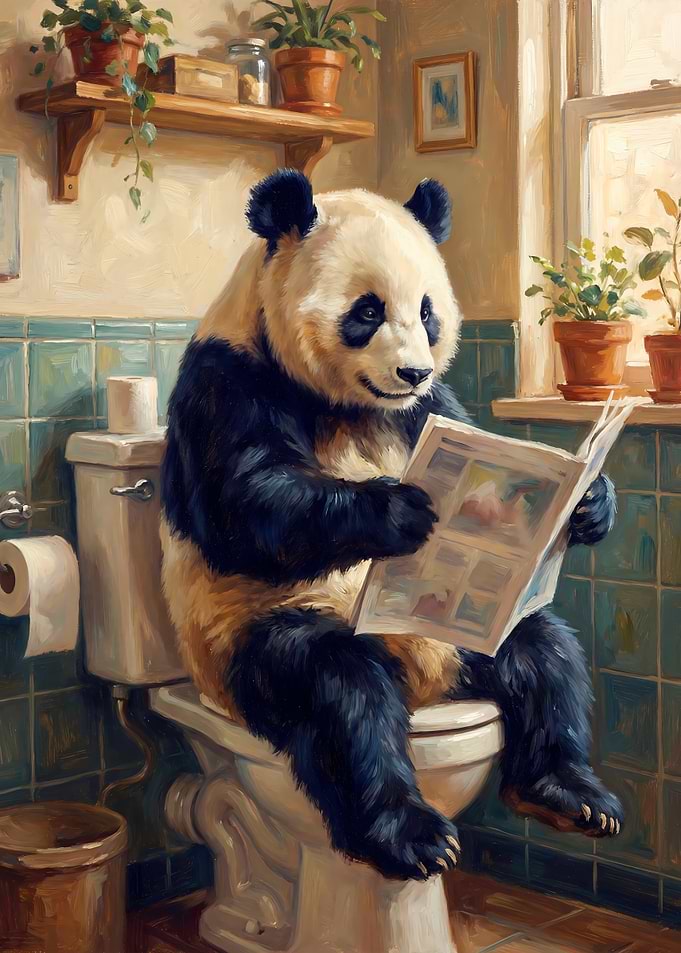 Panda Reading Newspaper on Toilet