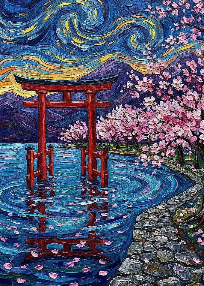 Japanese Torii Gate with Cherry Blossoms