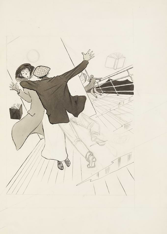 Cartoon illustration of people on a ship