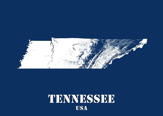 Tennessee USA State Minimalist White Topographic Contour Relief Map featuring terrain on navy blue background