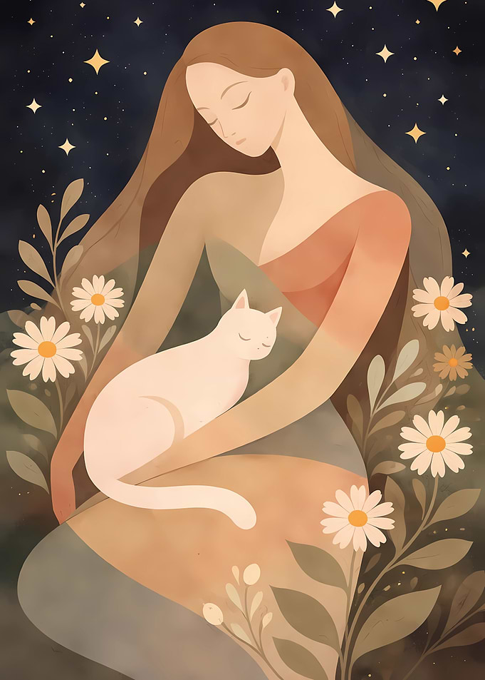 Woman with Cat and Daisies