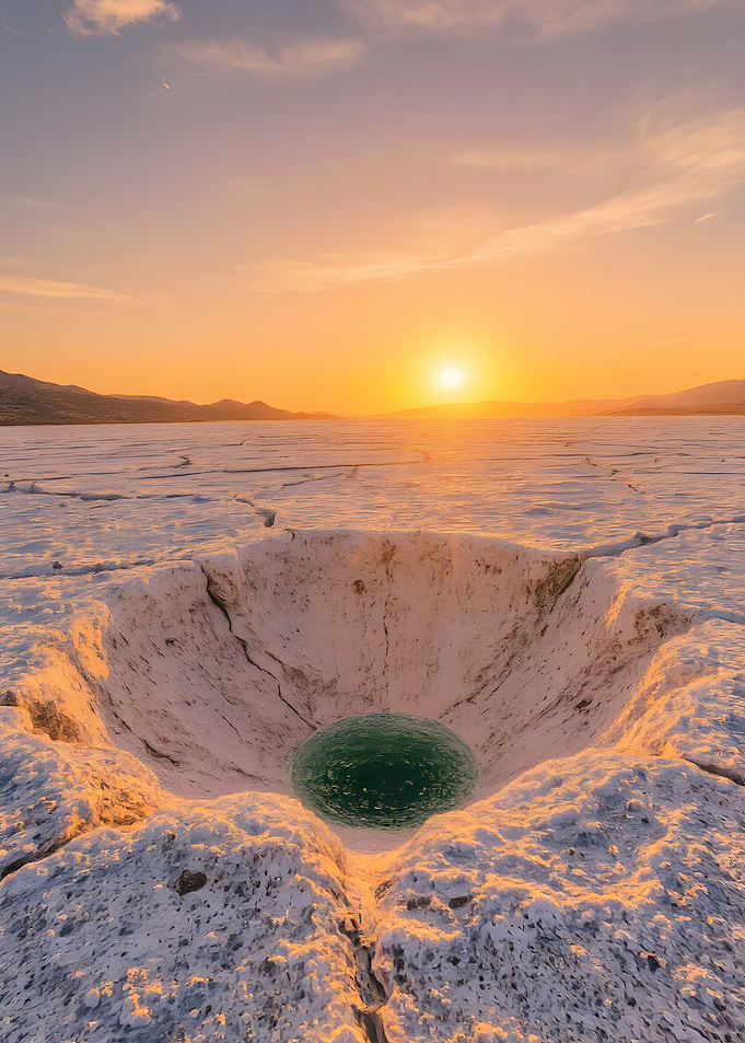 Desert Crater with Green Water at Sunset