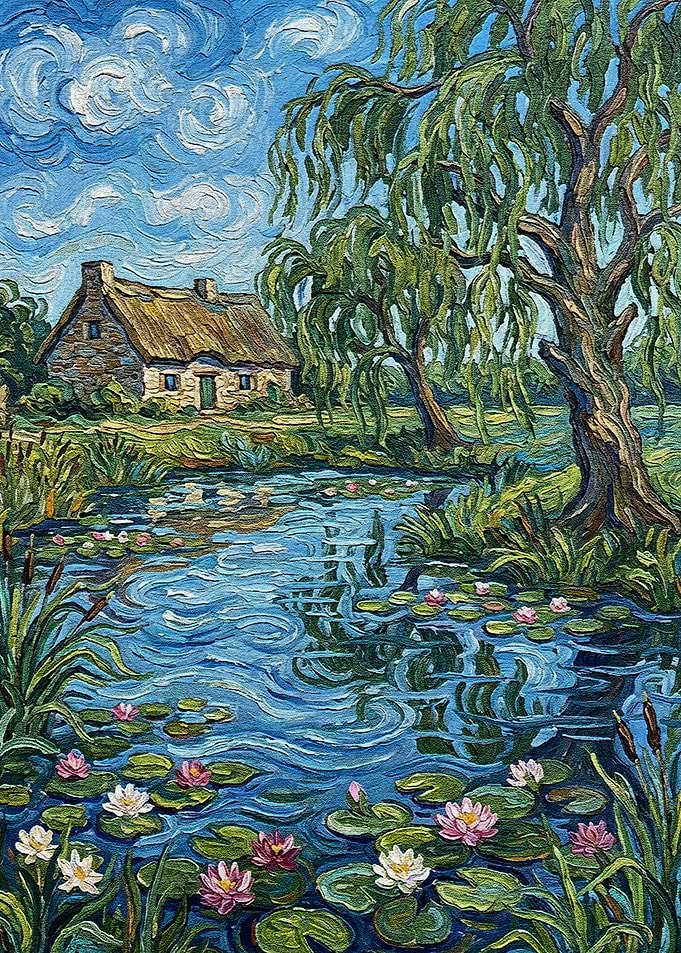 Impressionistic Cottage by Pond with Lilies