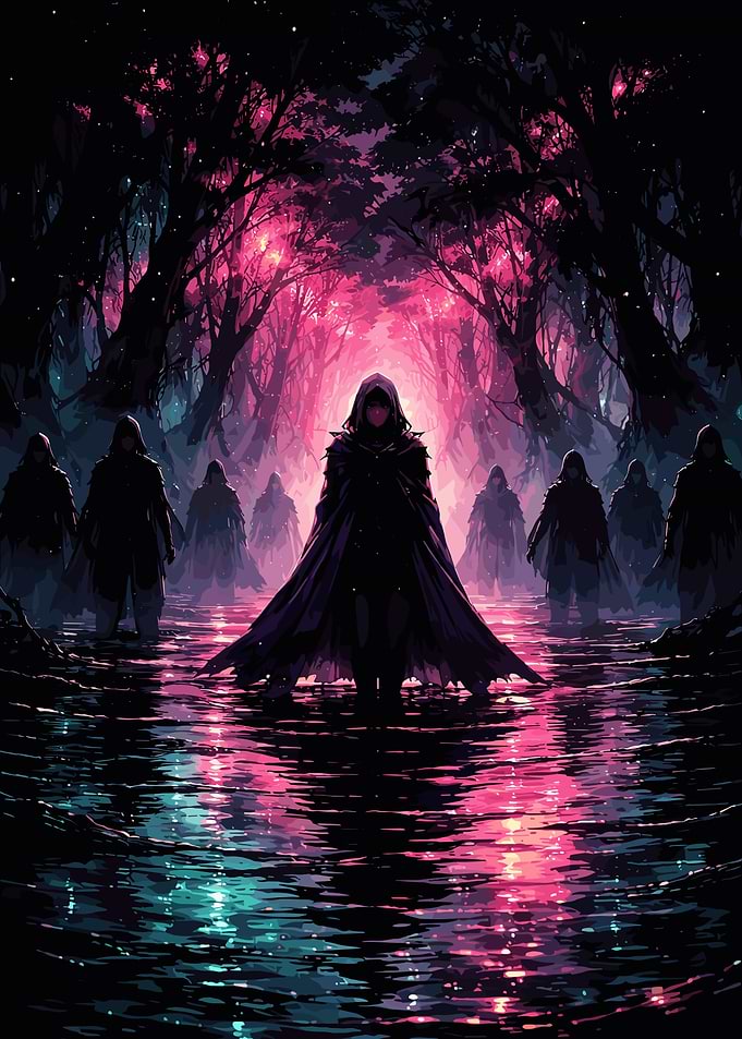 Hooded Figures in a Mystical Forest
