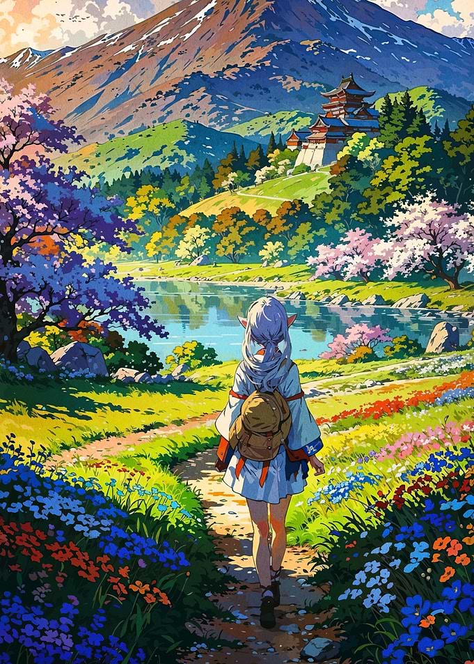 Anime Girl Hiking in Scenic Landscape