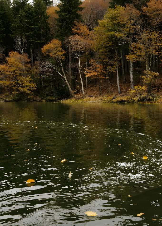 Autumnal River Scene with Falling Leaves