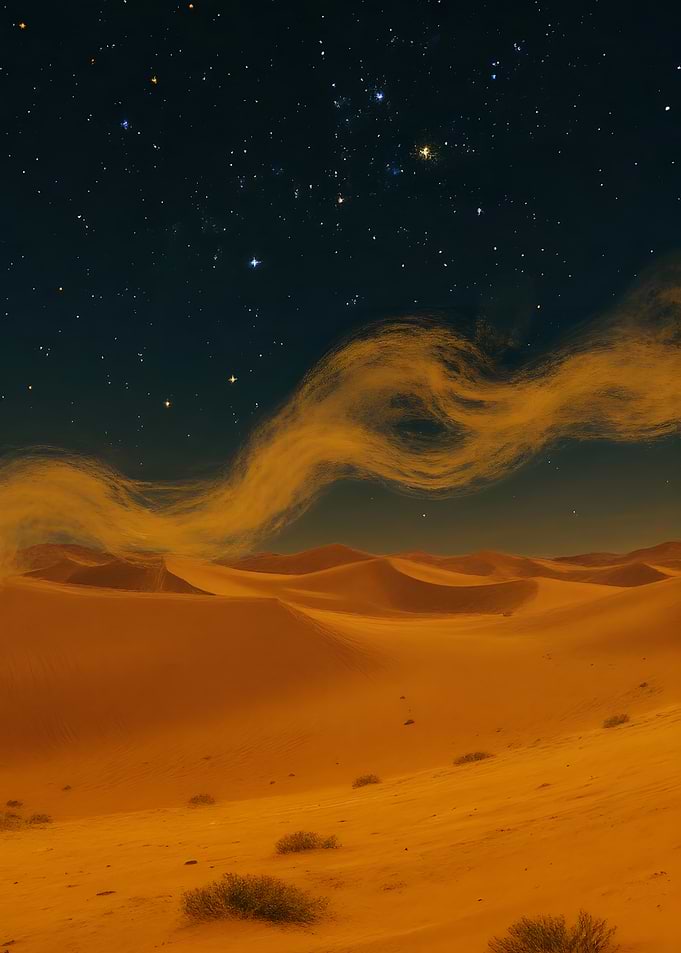 Desert landscape under starry night sky