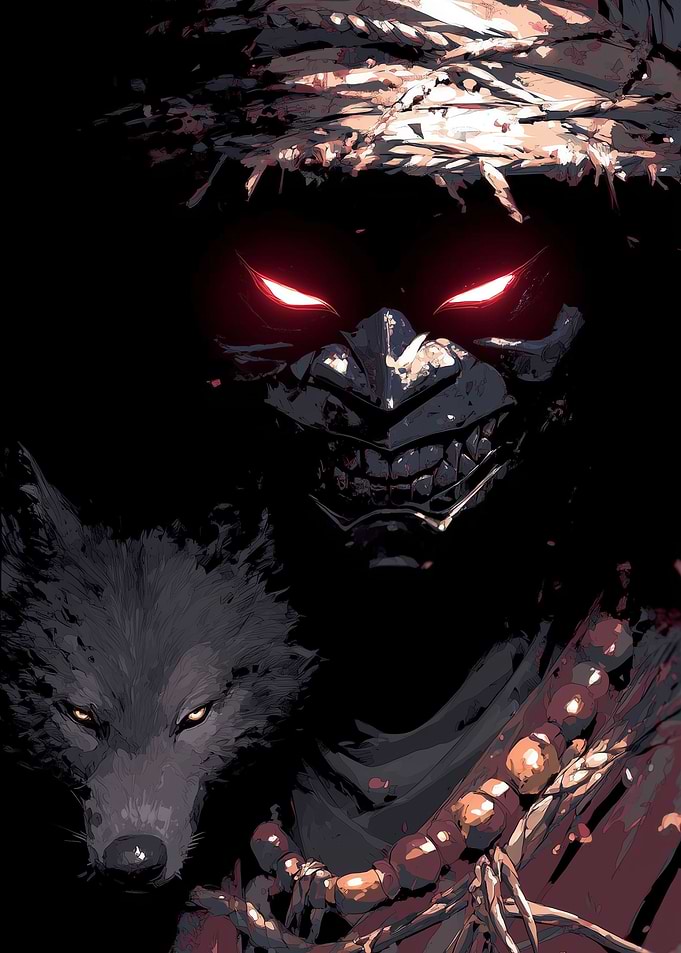 Dark Warrior with Wolf Companion