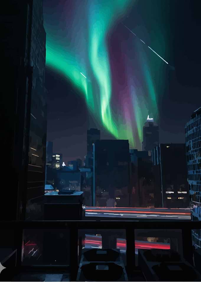 Cityscape with Aurora Borealis