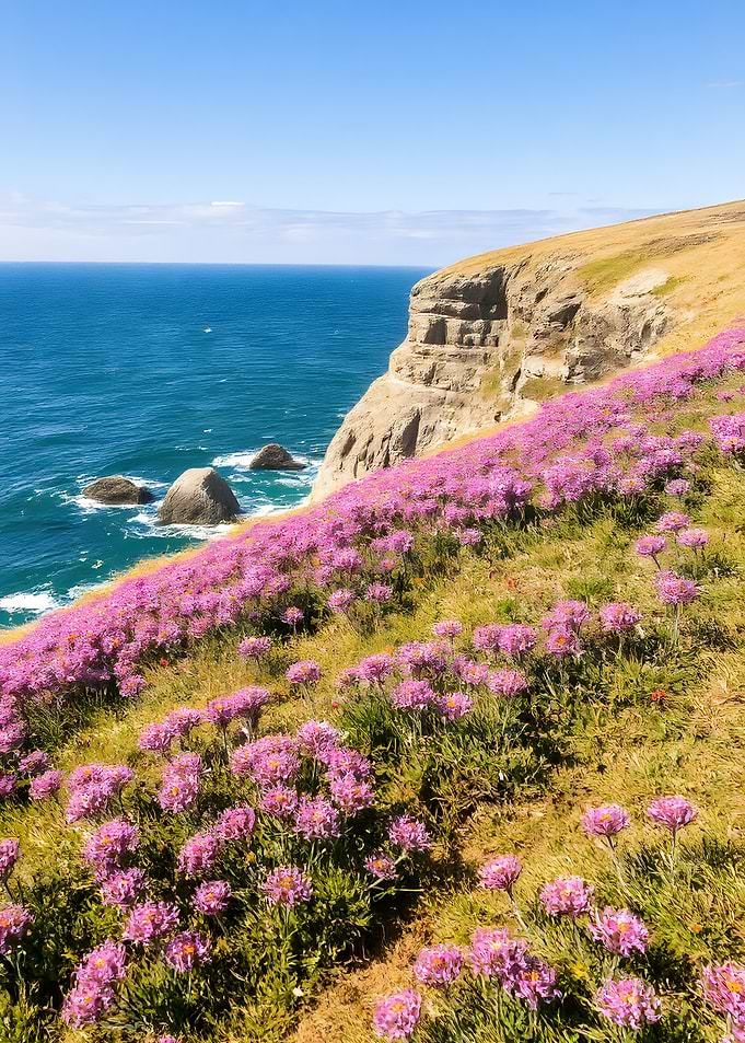 Coastal Cliff with Pink Flowers