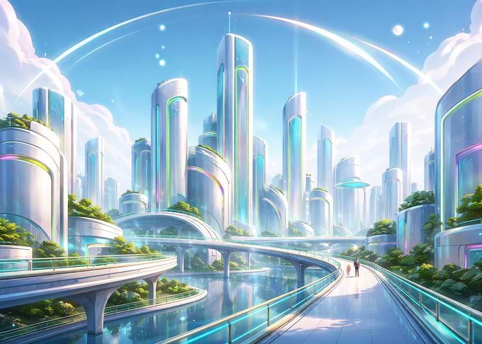 Futuristic Cityscape with Elevated Walkways
