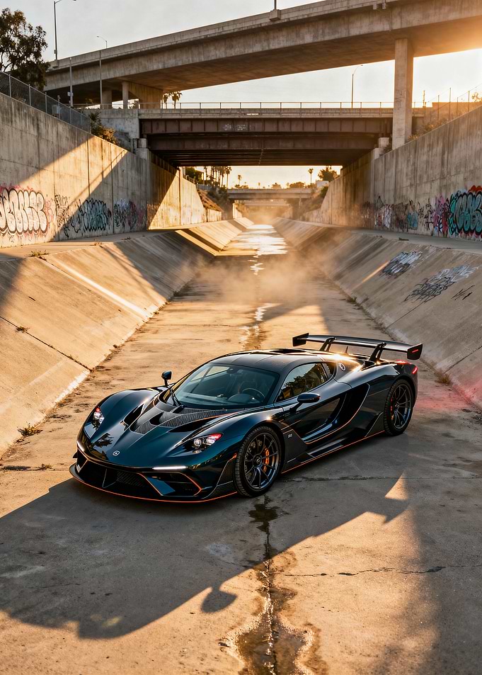 Dark Green Supercar in Concrete Riverbed