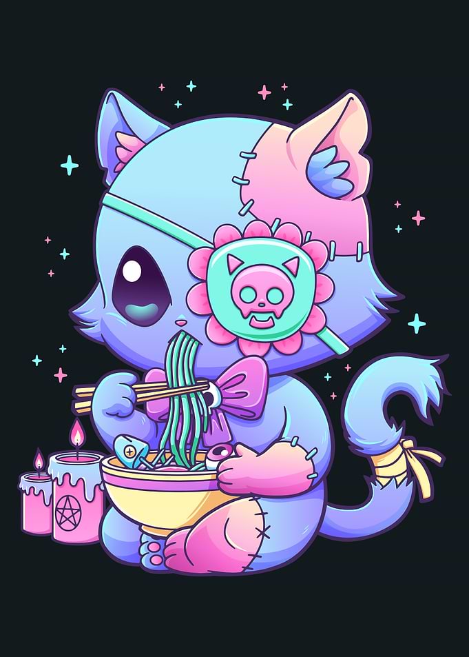 Pastel Goth Cat Eating Ramen