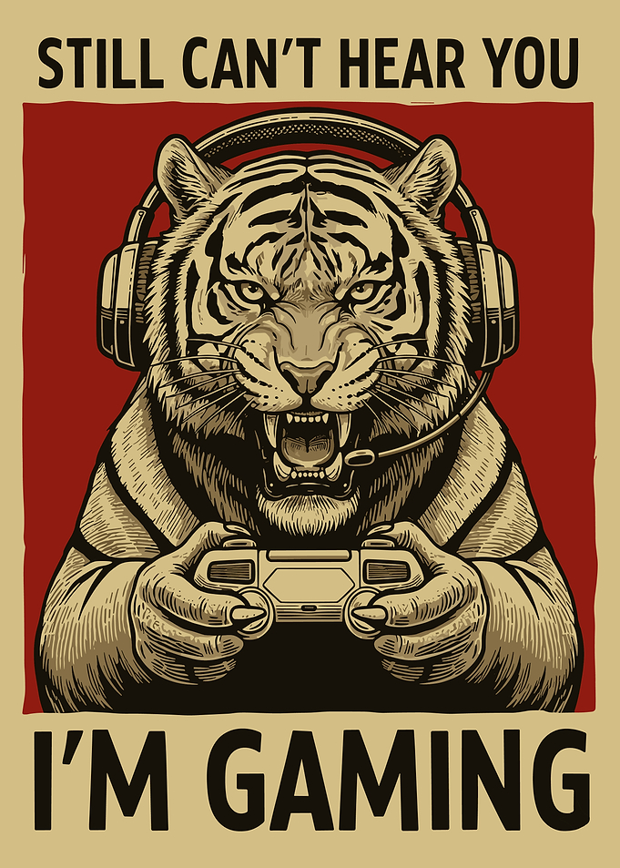 Still Can’t Hear You I’m Gaming Poster, Tiger Gamer Wall Art, Funny Gaming Room Print