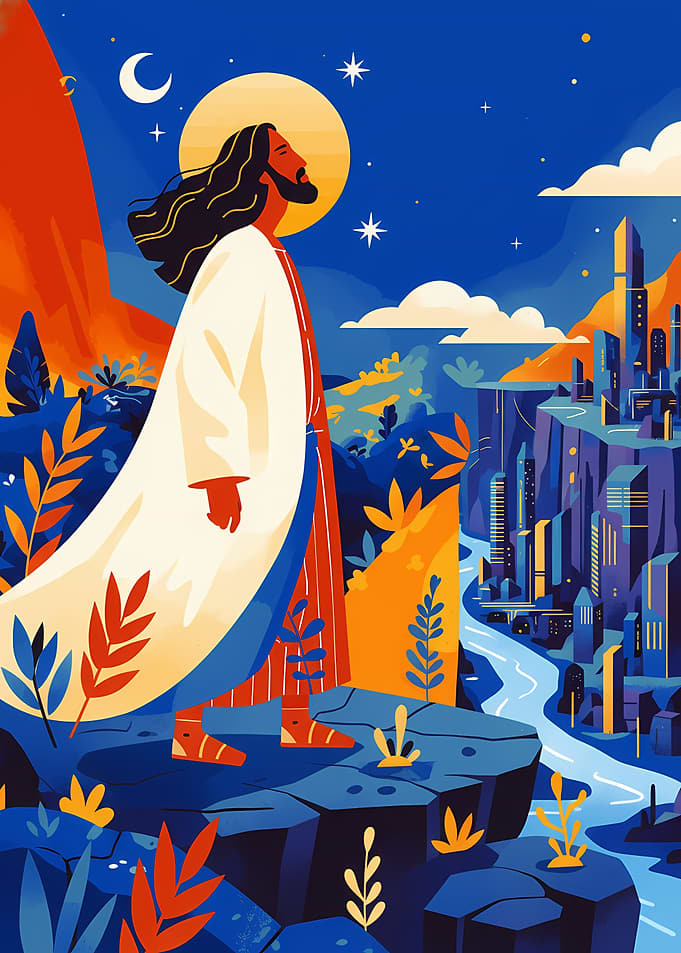 Jesus overlooking a futuristic city