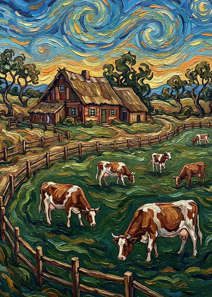 Cows Grazing Near Farmhouse Painting