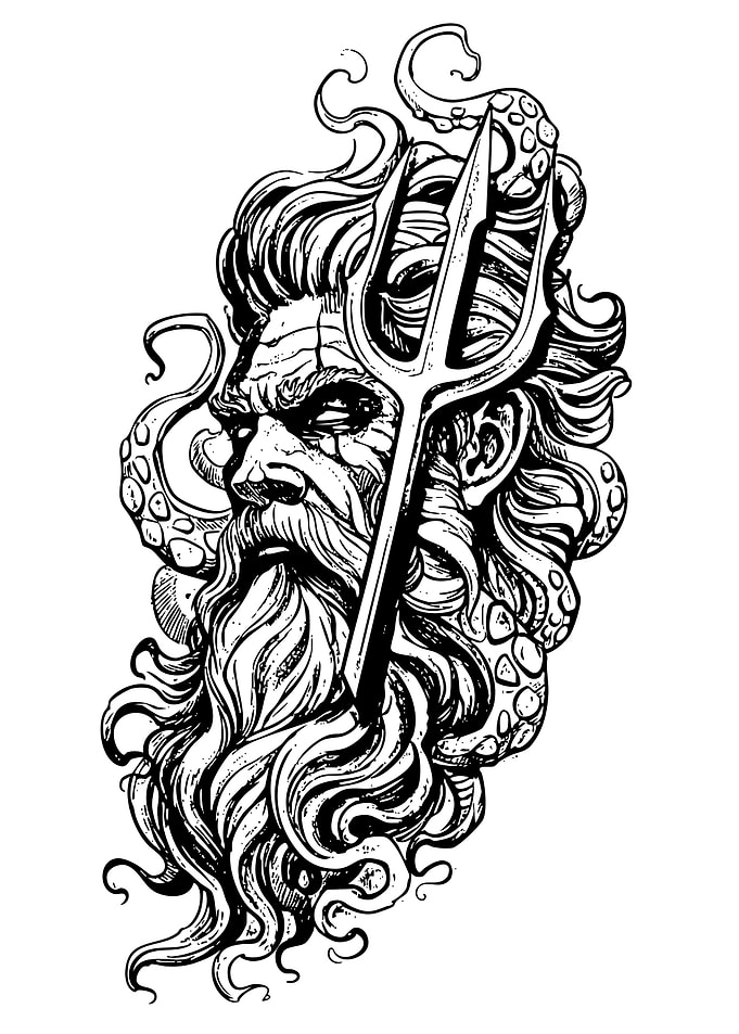Poseidon Illustration with Trident and Tentacles