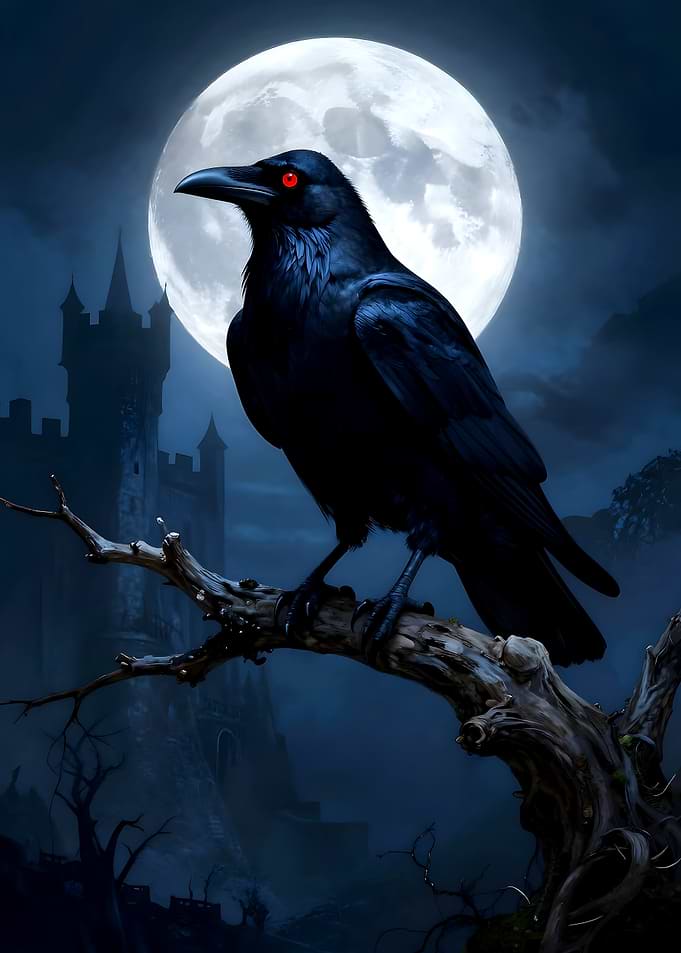 Raven Perched Under Full Moon