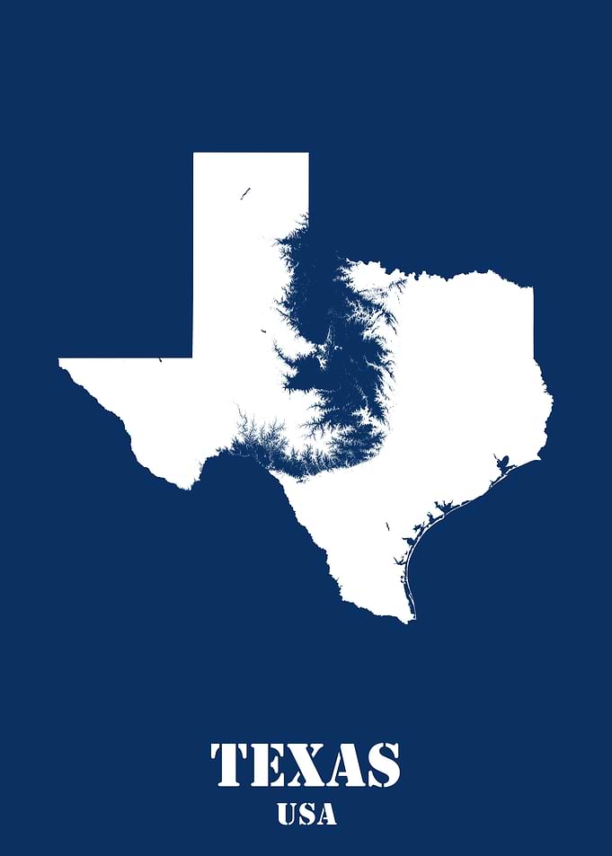 Texas USA State Minimalist White Topographic Contour Relief Map featuring terrain on navy blue background