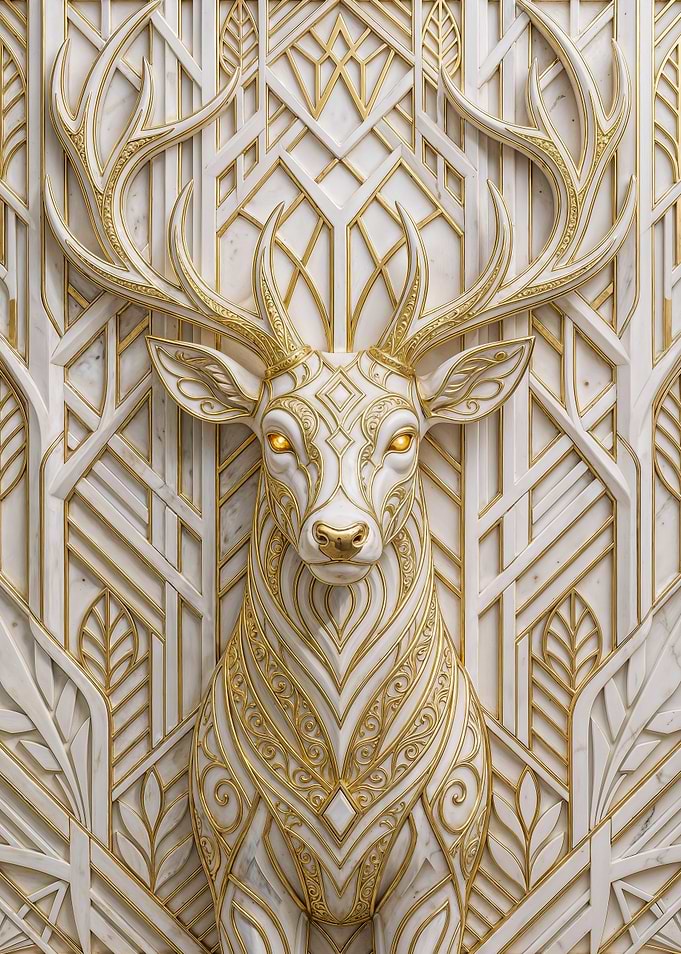 Sacred Golden Stag Art – Art Deco Deer Sculpture Luxury Wall Decor
