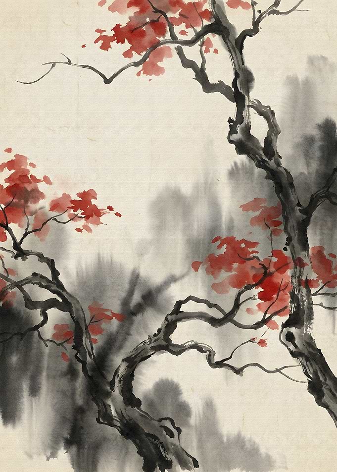 Japanese Ink Painting with Red Leaves
