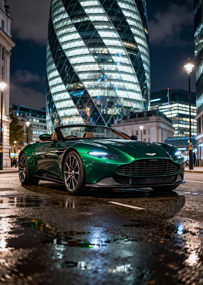 Green Aston Martin in Cityscape
