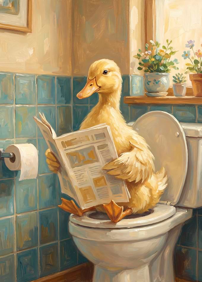 Duck Reading Newspaper on Toilet