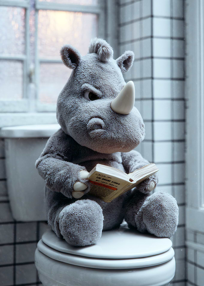 Rhino Plush Reading on Toilet
